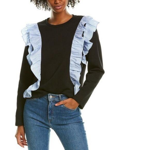 English Factory Striped Ruffle  Round Neck Cozy Sweatshirt Preppy Coastal - Picture 1 of 8